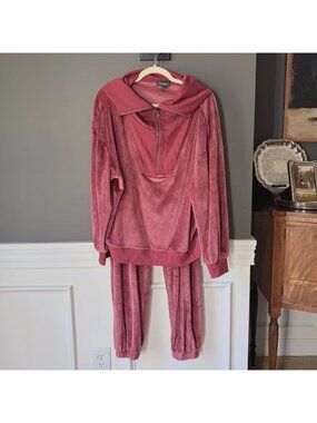 Summersalt Velour Plush Lounge Set Large Rosewood Half Zip & Joggers Tracksuit